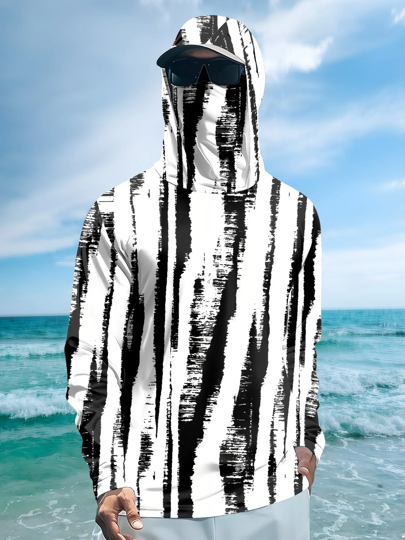 Men Black‑White Stripe Fishing - Fishing Mask Sun Protection 评论和价格