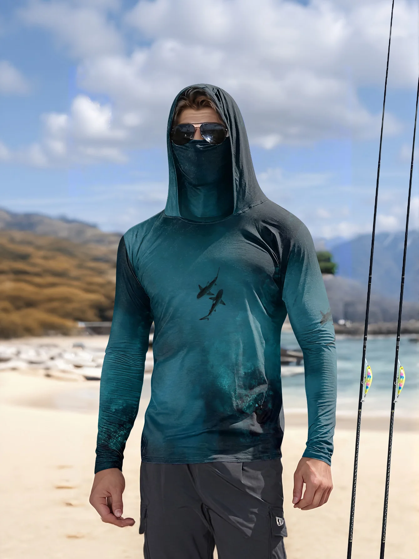UPF50+ Men Fishing Hoodie With - Fishing Mask Sun Protection 评论和价格