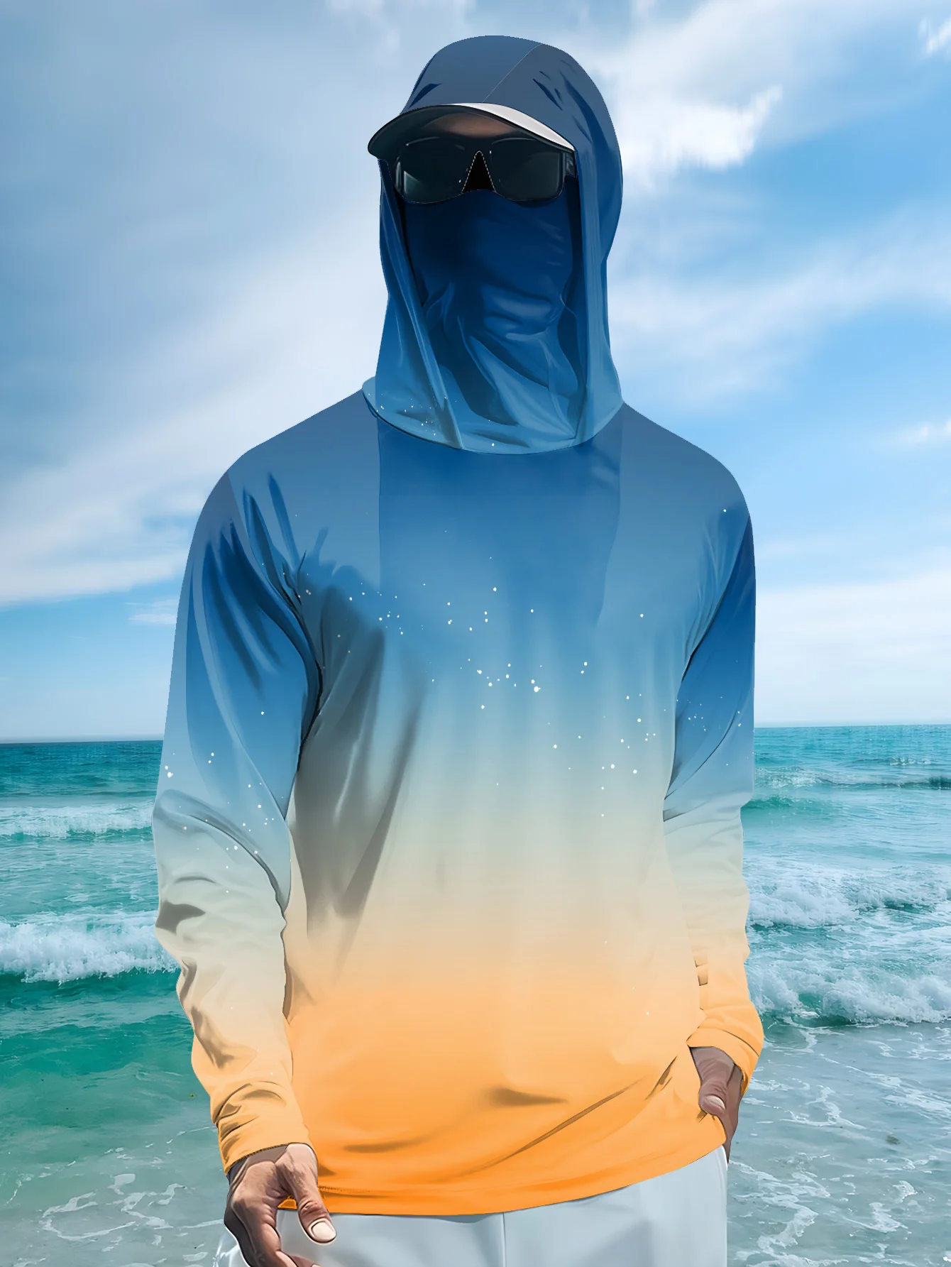 Mens Fishing Shirt Hooded UPF  - Fishing Mask Sun Protection 评论和价格