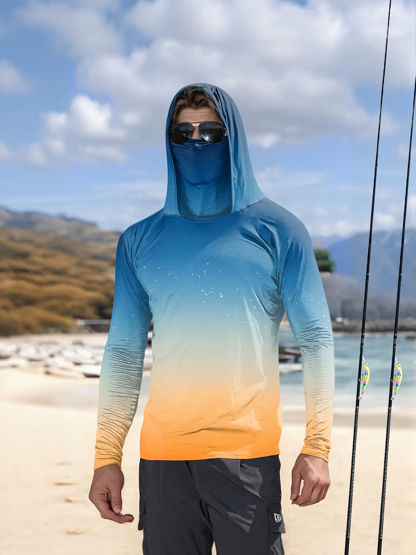 Mens Fishing Shirt Hooded UPF  - Fishing Mask Sun Protection 评论和价格