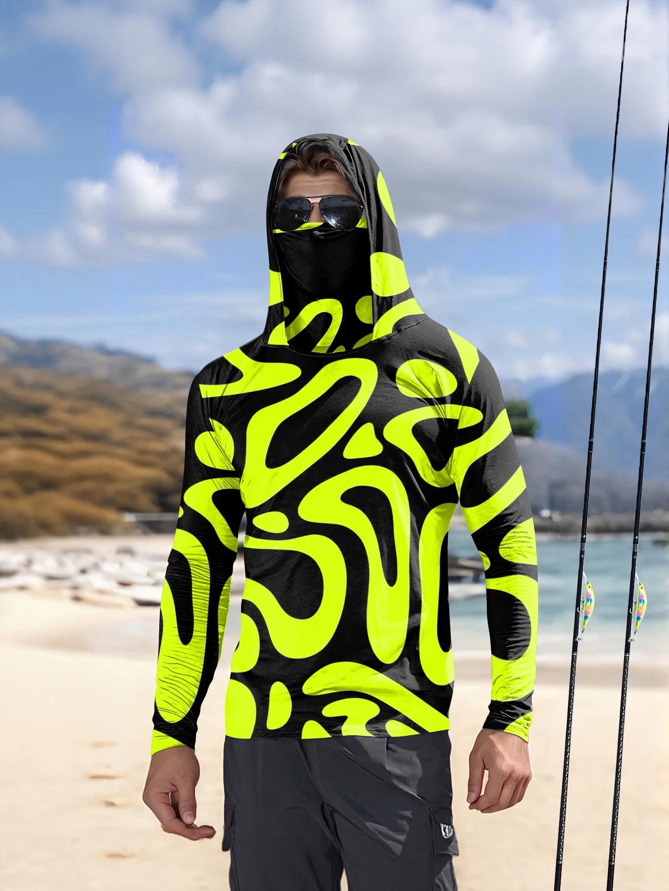 Men's Neon Green Abstract Prin - Fishing Mask Sun Protection 评论和价格