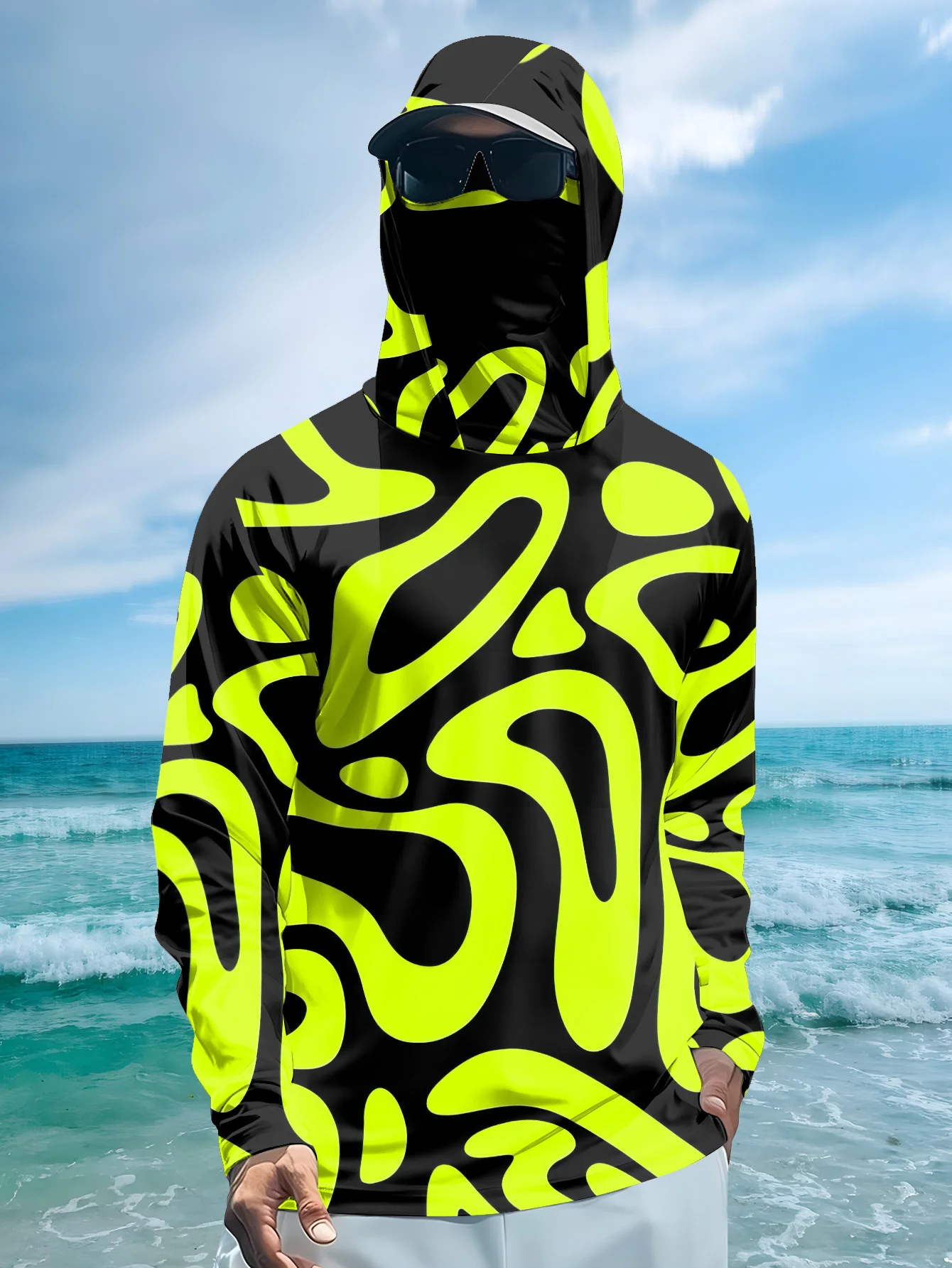 Men's Neon Green Abstract Prin - Fishing Mask Sun Protection 评论和价格